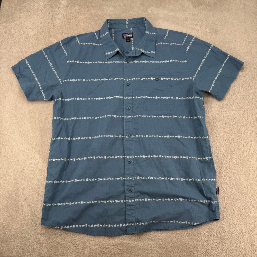 Patagonia Got To Button Up Shirt Mens XL Blue Palm Tree Striped Short Sleeve